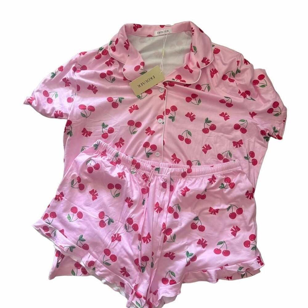 Ekouaer Women's Short Sleeve Button-Down Pajama Set Pink Cherry Print Size L